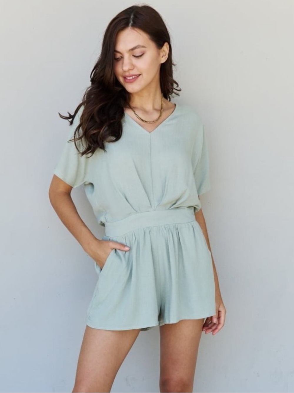 NWT Heyson Cool Matcha Light Sage V-Neck Solid Pleated Romper